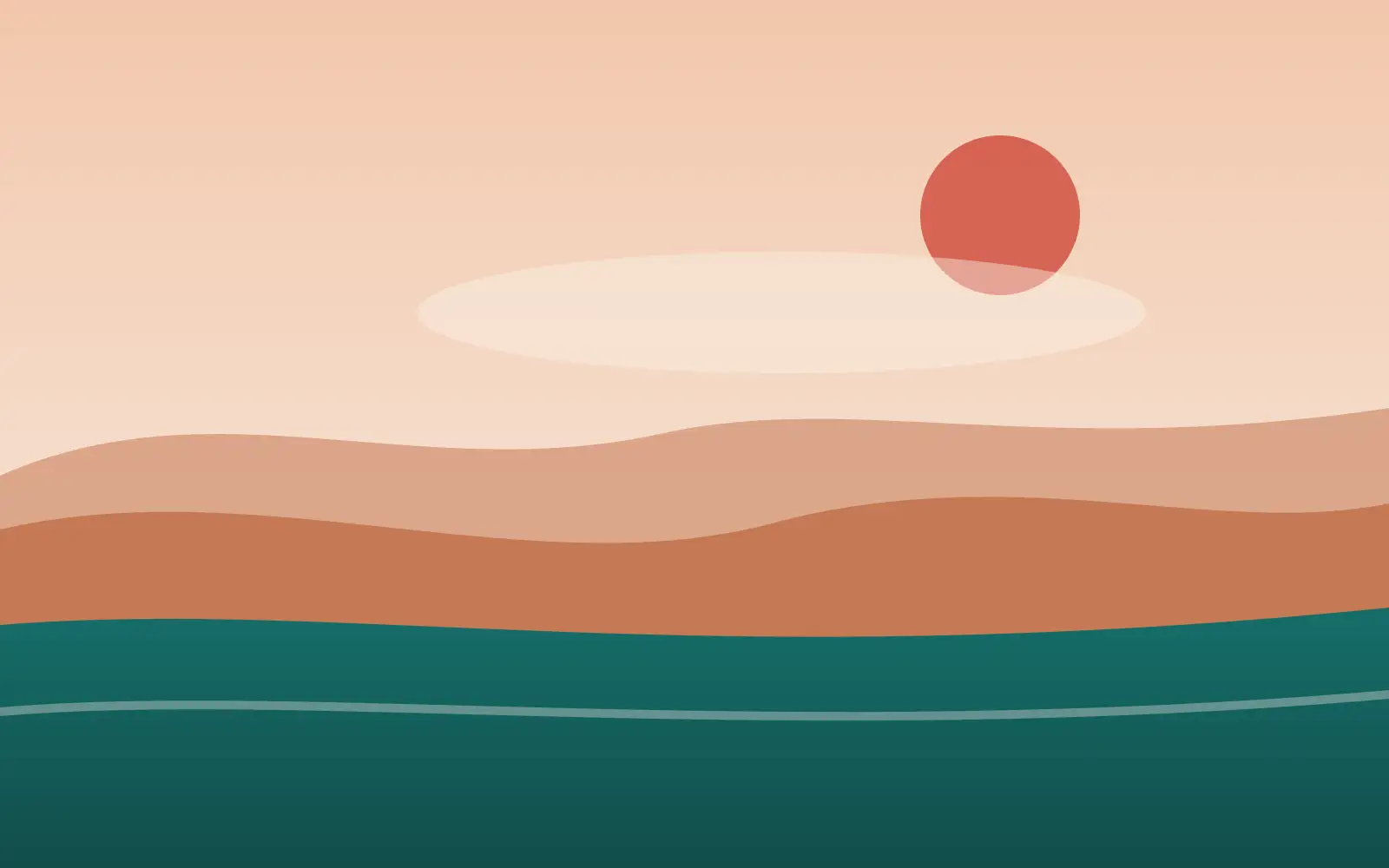 Warm coastal light over layered hills and a tidal shore, in coral, teal and sand.